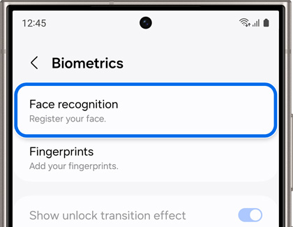 Face recognition option in Biometrics settings