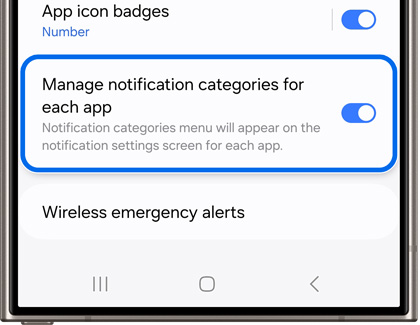 Option to manage notification categories for each app on a Samung Galaxy phone
