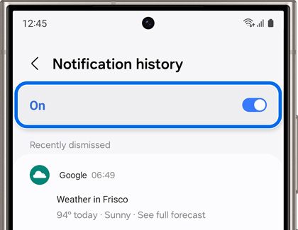 Notification history option enabled on a Samsung Galaxy phone