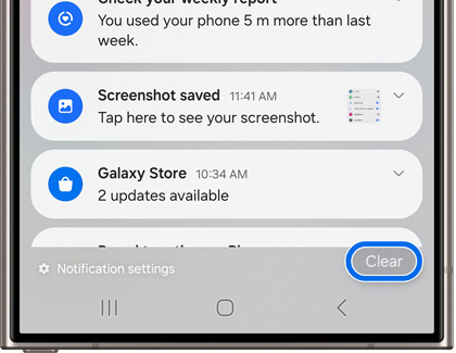 Clear notifications button on a Samsung Galaxy phone