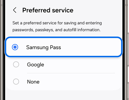 Samsung Pass highlighted under Preferred service