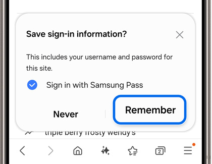 Remember option highlighted under Save sign-in information pop-up