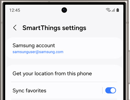 Galaxy phone displaying SmartThings settings