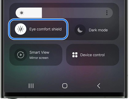 Eye comfort shield highlighted in the Quick settings panel