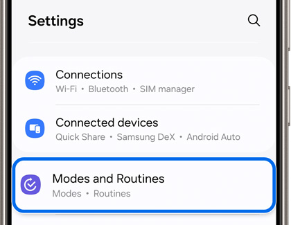 Modes and Routines tab highlighted in Settings