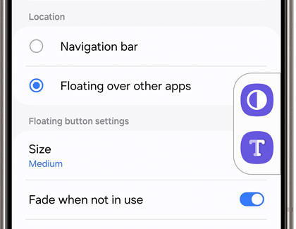 Floating over other apps selected under Location in Accessibility button settings