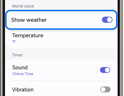 Show weather enabled and highlighted under World clock