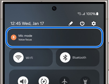 Mic mode highlighted in the Quick settings panel on a Galaxy phone