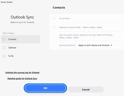 OK highlighted in the Outlook Sync screen on a computer
