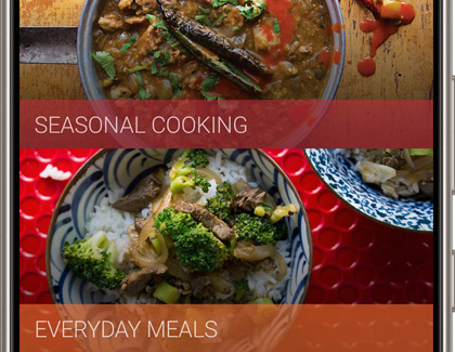 SEASONAL COOKING and EVERYDAY MEALS categories in the Chef Collection app on a Galaxy phone