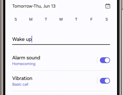 Add alarm screen with options for alarm sound and vibration toggled on