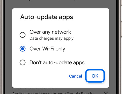 OK highlighted in the Auto-update apps pop-up window