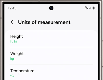 Units of measurement screen from the Samsung Health app