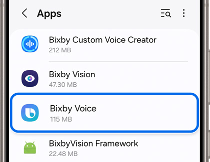 Bixby Voice highlighted in Apps settings