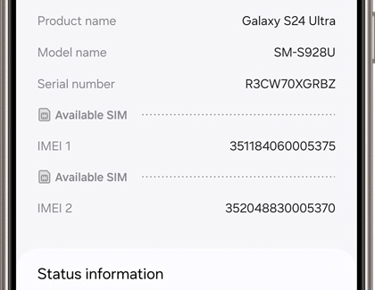 About phone screen displaying IMEI number