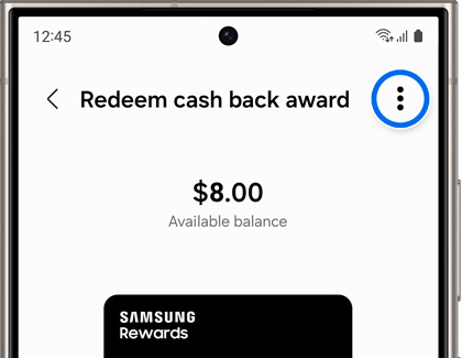 Three vertical dots highlighted in Redeem cash back award screen