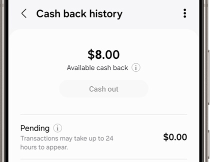 Cash back history screen displaying available cash back balance