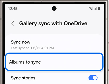 Albums to sync highlighted in Gallery sync with OneDrive settings