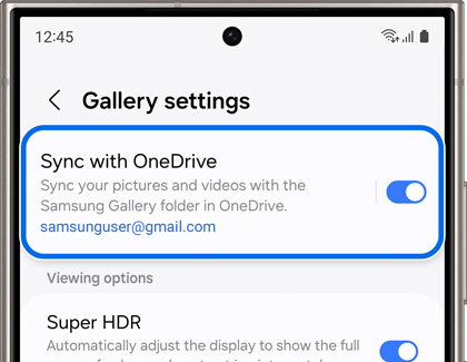 Sync with OneDrive enabled and highlighted in Gallery settings