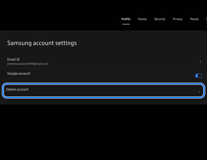Delete account highlighted on the Samsung account settings page