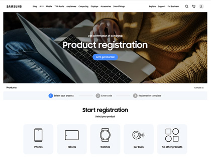 Samsung Product registration page displaying a list of product types