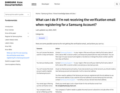 Samsung Knox documentation website displaying the email verification guide