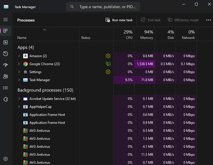 ask Manager on a PC displaying a list of running applications and background processes, showing CPU and memory usage to help diagnose issues like excessive fan noise.