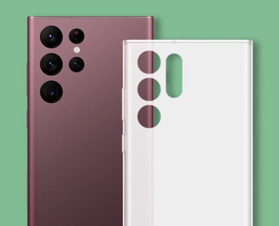 Two Galaxy phones placed back-to-back with the rear camera panels visible. The phone on the left is burgundy with five camera lenses, and the one on the right is white with three camera cutouts.