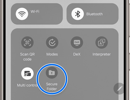 Galaxy phone's quick settings menu displaying various icons such as Wi-Fi, Bluetooth, and Dex. The 'Secure Folder' icon is highlighted with a blue circle, located among other options like 'Scan QR code' and 'Interpreter'.