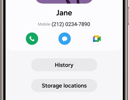 Galaxy phone screen displaying the contact details for 'Jane' with her mobile number. The screen includes call, message, and maps icons, along with options for 'History' and 'Storage locations'.