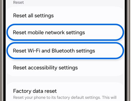 Reset mobile network settings and Reset Wi-Fi and Bluetooth settings highlighted