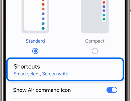 Shortcuts highlighted in Air command settings