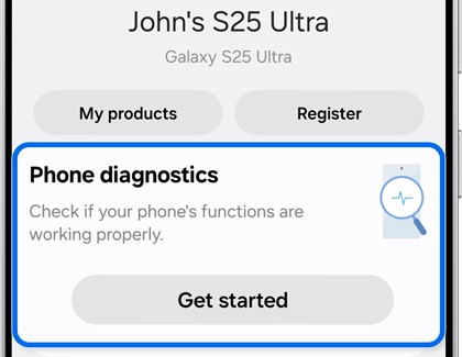 Phone diagnostics menu on a Galaxy S25 Ultra with a highlighted Get started button.
