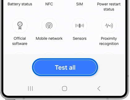 Diagnostics screen showing icons for Sensors and Mobile network with a blue Test all button.