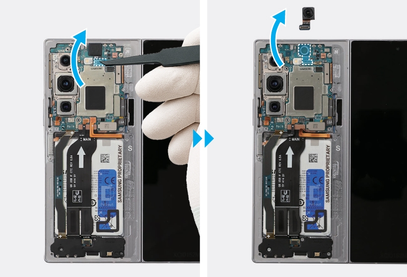 Two panels of a Galaxy Z Fold6 showing tweezers disconnecting the front camera from the board and removing it from the device.