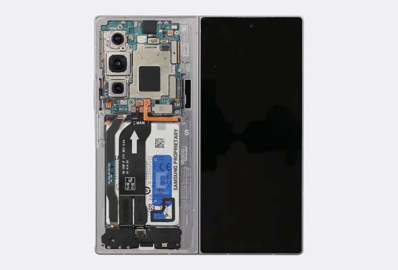 An internal view of a Galaxy Z Fold6 showing the main board and front camera module fully reassembled into the device frame.