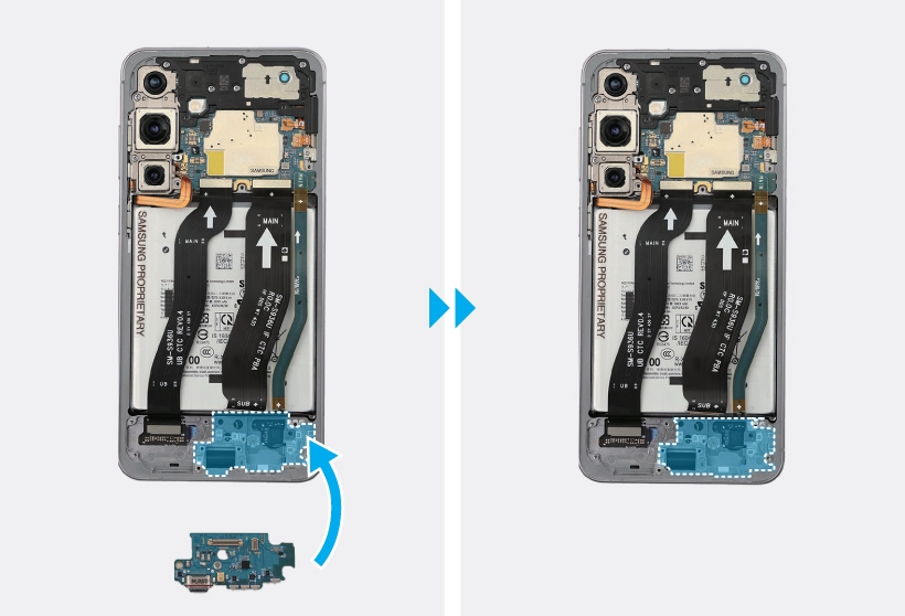 Sequence showing the installation of the charging port board into the bottom of the device frame.