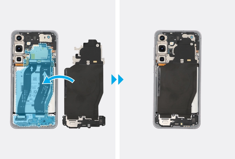 Sequence showing the wireless charging coil being placed over the battery and internal components.