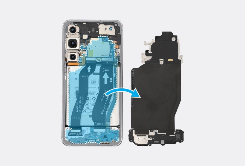 Internal view of the Galaxy S25 Plus showing the wireless charging module and speaker module being removed.