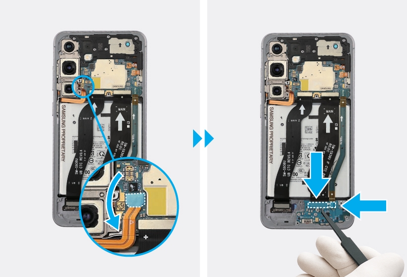 Two step diagram showing tweezers disconnecting the battery and charging port flex cables.