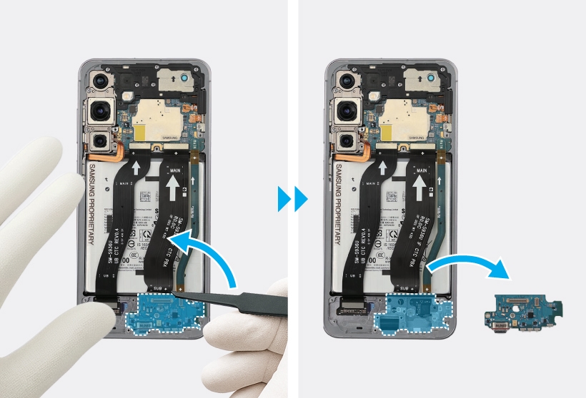 Two step diagram showing tweezers lifting and removing the charging port module from the frame.