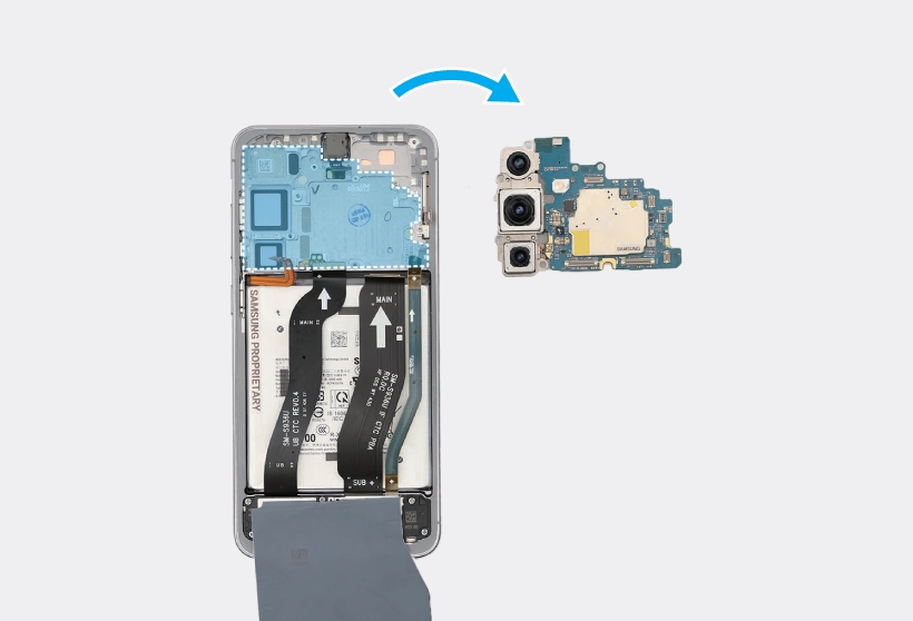 Lift the main board and attached rear cameras straight out of the frame recess and place it aside.