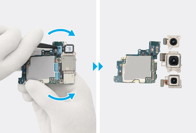 Disconnecting the rear camera connectors with tweezers and detaching the three rear camera modules from the main board.
