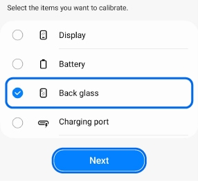 Calibration selection screen showing Back glass checked and highlighted, with a Next button below.