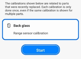 Back glass Range sensor calibration start screen showing a highlighted text box with Start button below.