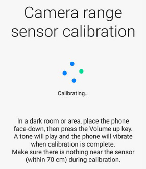 Camera range sensor calibration screen showing a Calibrating progress indicator and instructions for dark room calibration.