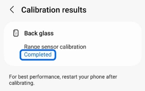 Calibration results screen showing Back glass Range sensor calibration as Completed.