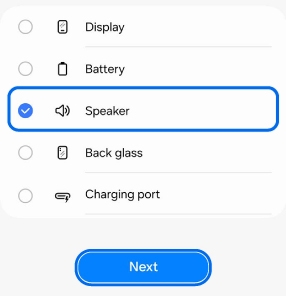 Calibration selection screen showing Speaker checked and highlighted, with a Next button below.