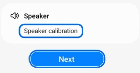 Speaker calibration selection screen showing Speaker calibration highlighted, with a Next button below.