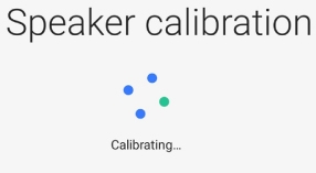 Speaker calibration screen showing a Calibrating progress indicator.